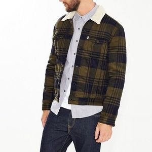 Men's Olive Plaid Sherpa Lined Levi Jacket
